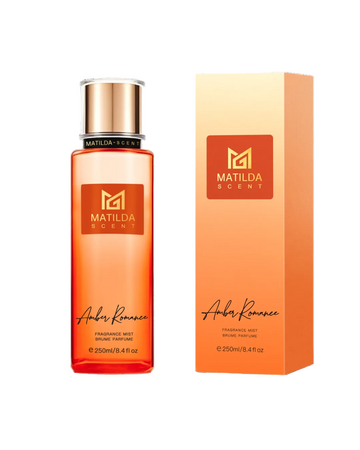 Matilda Scent Amber Romance perfume bottle and packaging on a white background