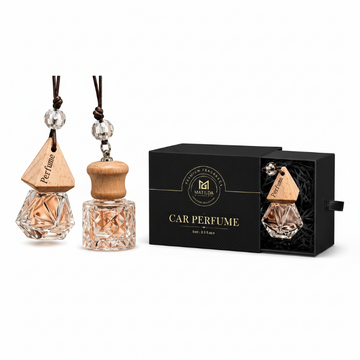 Car perfume set with wooden bottles and decorative elements, including a box labeled 'Car Perfume' by Matilda.