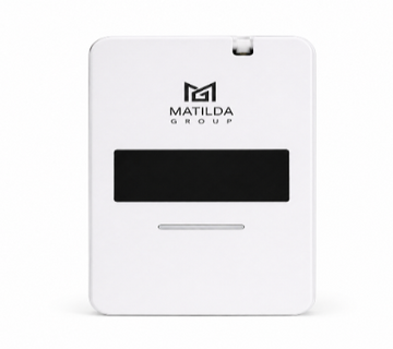 White electronic device with a black screen and 'Matilda Group' logo on a white background