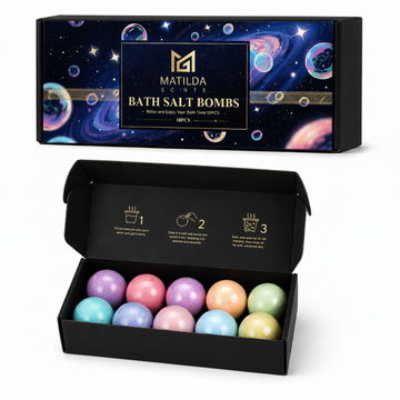 Box of bath salt bombs with colorful spheres and branded packaging on a white background