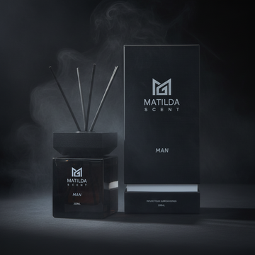 Black reed diffuser with 'Matilda Scent' branding on a white background